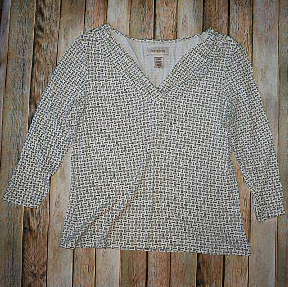 Covington Print 3/4 Sleeve Top White Black S